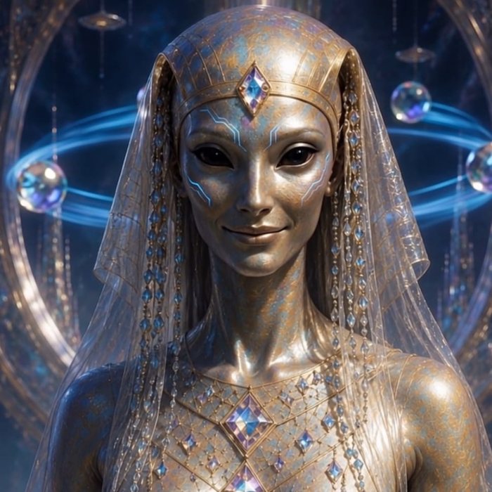 Astris, the librarian: a calm, smiling being with golden-bronze skin, a jeweled headdress and a veil of glass beads, against a starry night